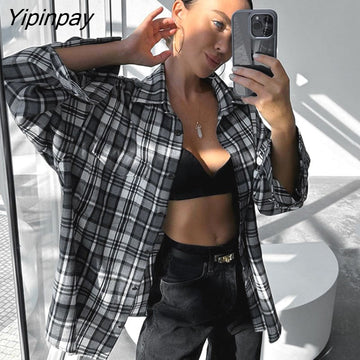 Yipinpay 2023 Spring Long Sleeve Women Oversize Shirt Casual Plaid Button Up Woman Tunic Blouse Daily Fashion Female Clothing Top